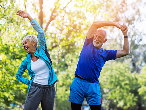 Active adults stretching before exercising. >
